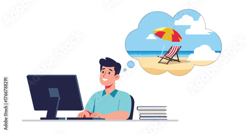 Man working on a computer dreaming of a relaxing beach vacation with a lounge chair and umbrella.