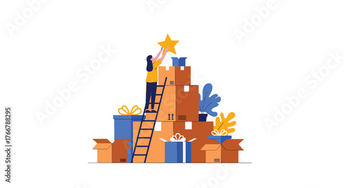 Woman on a ladder placing a star on top of a pile of boxes and gifts.