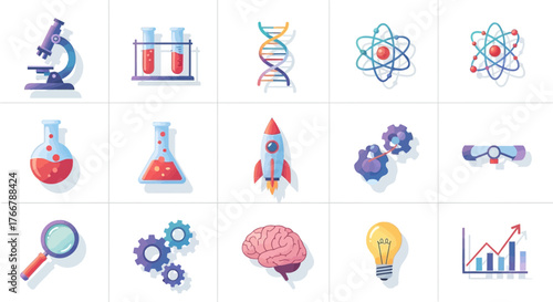 Scientific Icons Representing Research and Discovery in Science.