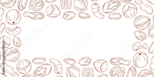 Border frame with nut, almond, cashew, peanut, walnut, hazelnut and pecan in line art style. Design for grocery store package with empty center space.