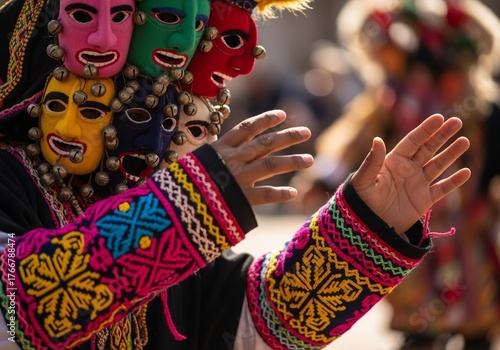 Cropped shot of hands performing a traditional dance from the Cayambe community in northern Ecuador, featuring colorful hand-embroidered costumes and Aya Huma (Diablo Huma) masks – cultural heritage, 