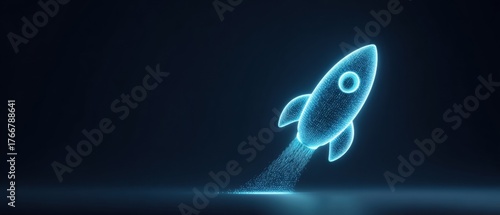 Rocket digital hologram glowing in blue with particles launching upward symbolizing startup growth and innovation, futuristic tech energy evokes excitement and momentum