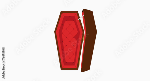 Illustration of an open coffin with red interior and brown exterior.