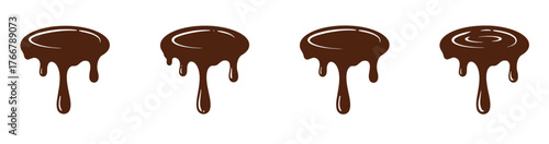 Chocolate splashes set isolated with big drops. Four stylised chocolate drip designs in brown with glossy, vector illustration.