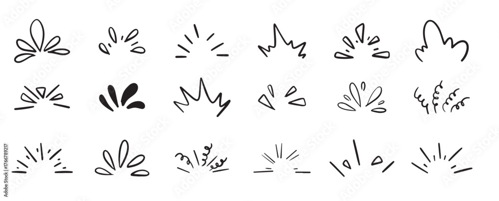 Naklejka premium Hand drawn pop surprise line frame for title headline illustration. Collected on white background. Doodle shine sunburst sparkle ray elements. Hand drawn pop surprise line frame for title headline.
