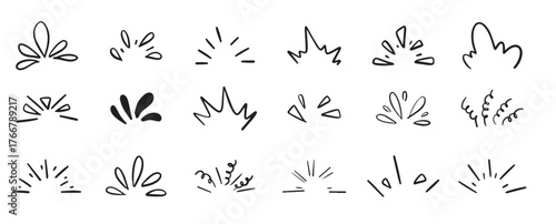 Hand drawn pop surprise line frame for title headline illustration. Collected on white background. Doodle shine sunburst sparkle ray elements. Hand drawn pop surprise line frame for title headline.