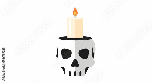 A lit candle sits atop a skull-shaped holder, casting a warm glow against a white background.