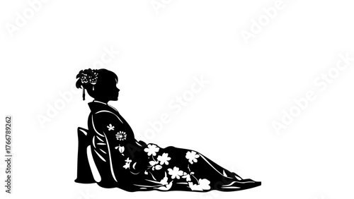Black and white illustration of a Japanese woman in kimono lying on the ground