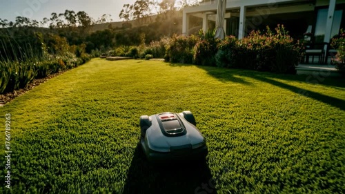 Autonomous robotic lawn mower gliding across a neatly kept backyard at sunset, representing smart home convenience, outdoor automation and modern eco‑friendly lawn care.