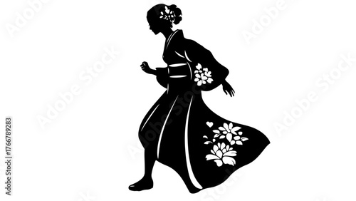 Running geisha or japanese woman in kimono, silhouette in black and white