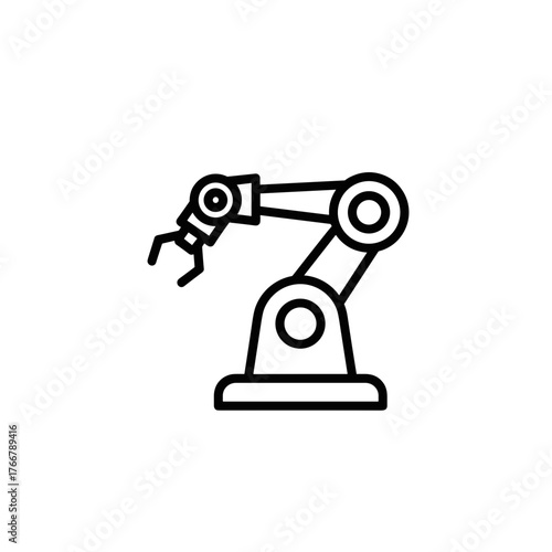 Depiction of robotic arm outline icon with a mechanical claw on clean white backdrop. Robotic arm for industrial automation and assembly, icon represents advanced technology.