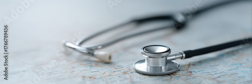 Stethoscope healthcare map clinic service medical tool rests on map for local care access