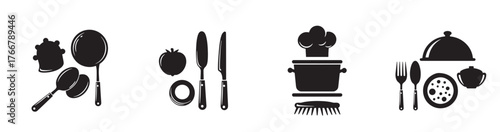 Black and white chef's hat with kitchen tools and banner. A collection of various kitchen utensils, including knives, spatulas, pans, pots, and tools, presented in a simple, bold, vector illustration.