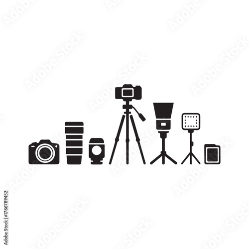 Vector art of photography equipment camera, lens, tripod, flash, speedlight, reflector, and other accessories for studio or outdoor shooting