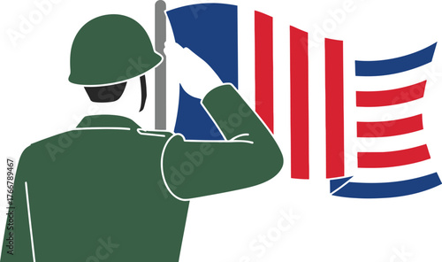 Illustration of a soldier saluting the american flag on a gray background