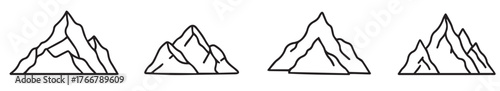 Cute simple cartoon erupting volcano with thick black lines, minimalist line drawing colouring page on white background. set of mountain icon, set of camping icons,  vector illustration.