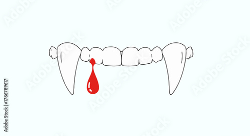 A close-up illustration of a set of vampire fangs with a drop of blood dripping from one of the canines.