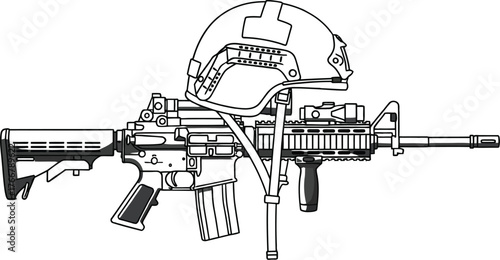 Vector art of assault rifle and helmet, equipment for military operations and combat duty