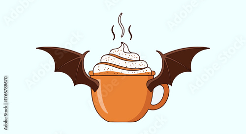 A whimsical illustration of a steaming mug of whipped cream topped coffee with bat wings.