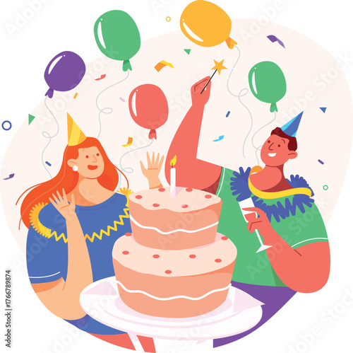 Birthday Celebration With Cake And Balloons