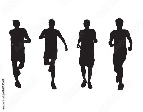 Running athlete silhouette in motion, group of men jogging, sports activity vector, fitness training. Set silhouettes runners isolated on transparent background. Vector illustration.