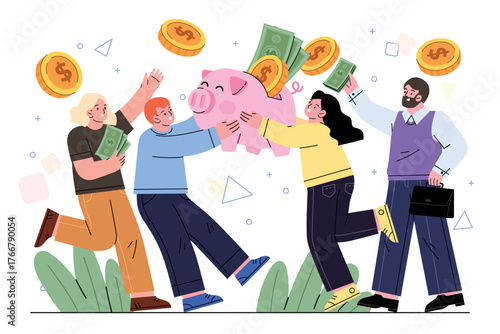 Happy people achieve savings goal together concept