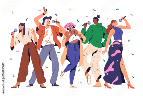 Happy friends singing songs at a fun karaoke party