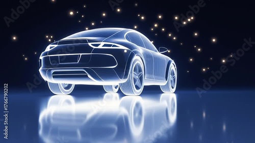 Stylized neon outline of modern car rotates slowly with blue glowing lights creating concept of innovation automotive technology and design