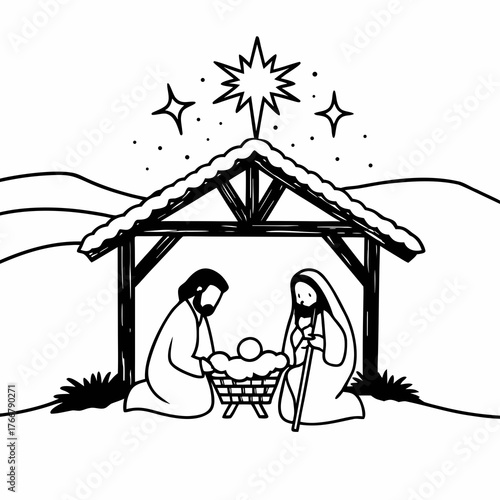 A simple and serene nativity scene with stable, Mary, Joseph, and baby Jesus in a manger, line art, white background