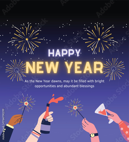 Happy New Year Celebration with Fireworks and Sparklers