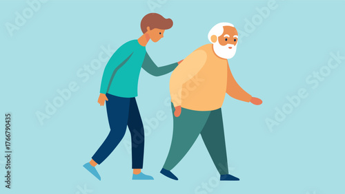 A caregiver gently guides a disoriented elderly man with dementia back to their group during an outing as he had wandered off.. Vector illustration