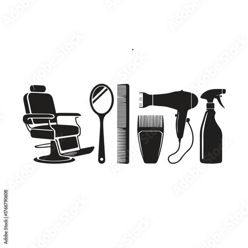 Vector art of set of barber shop equipment chair, mirror, comb, hair clipper, hair dryer, spray bottle and other tools