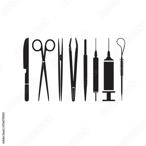 Vector art of set of surgical instruments scalpel, scissors, tweezers, needle holder, syringe, probe and other medical tools