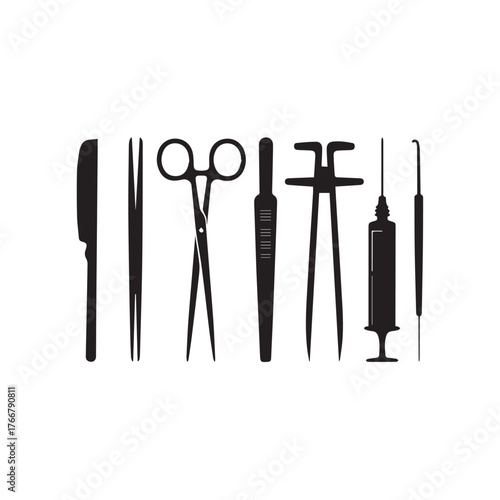 Vector art of set of surgical instruments scalpel, tweezers, scissors, hemostat, syringe, probe and other medical tools