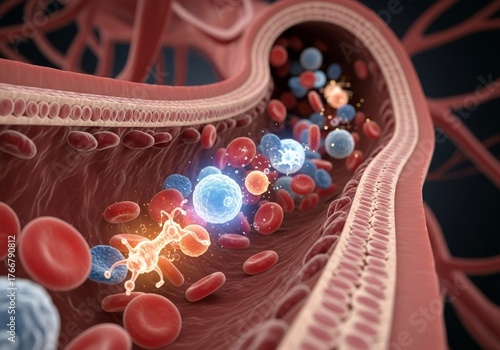 Visualization of blood and immune cell movement within blood vessels, medical, health, cell highlighting