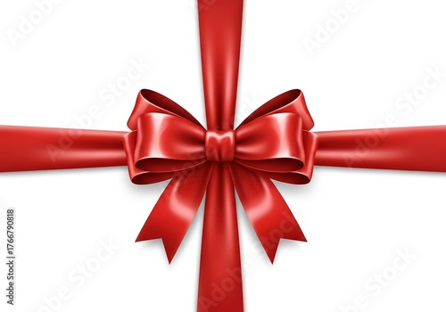 Vector illustration of decorative shiny red gift ribbon with tied bow, isolated on white – celebration, wrapping, and festive design concept