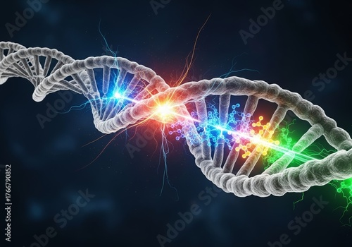3D animation of a dynamic DNA helix undergoing genetic mutation, with vibrant energy bursts symbolizing genetic transformation – biotechnology and molecular biology concept