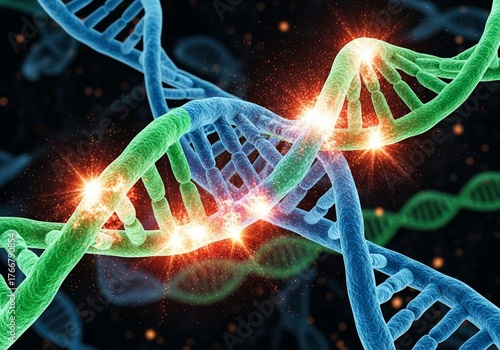 3D animation of a dynamic DNA helix undergoing genetic mutation, with vibrant energy bursts symbolizing genetic transformation – biotechnology and molecular biology concept