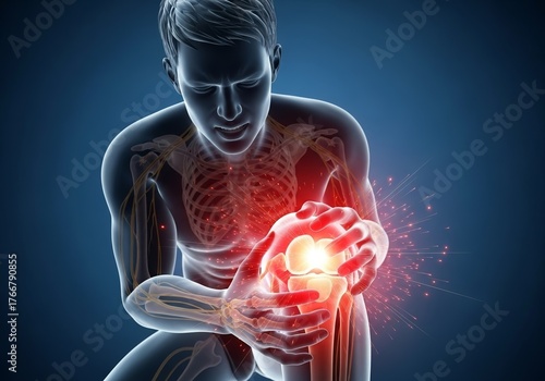 3D animation of a young man experiencing acute knee pain, with glowing skeletal bones highlighting joint discomfort and injury – medical illustration and orthopedic treatment concept