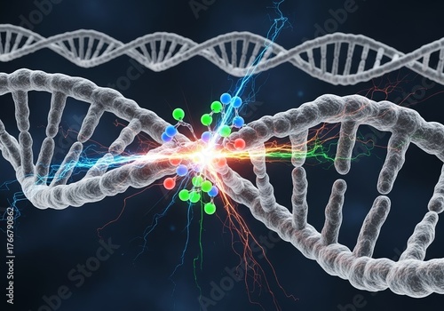 3D animation of a dynamic DNA helix undergoing genetic mutation, with vibrant energy bursts symbolizing genetic transformation – biotechnology and molecular biology concept