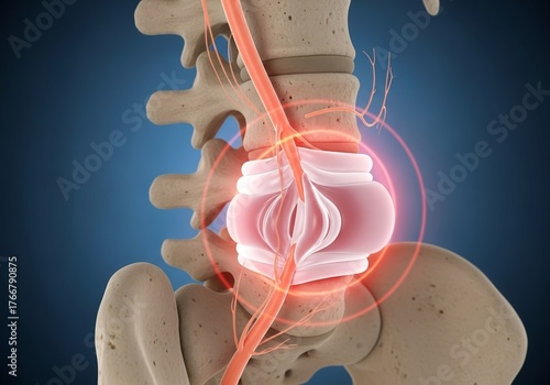 3D animation of sciatic nerve pain caused by a herniated disc, highlighting nerve compression and discomfort – medical illustration and spinal health concept
