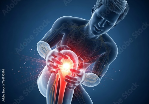 3D animation of a young man experiencing acute knee pain, with glowing skeletal bones highlighting joint discomfort and injury – medical illustration and orthopedic treatment concept