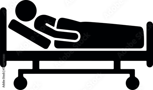 Simple black silhouette of a person lying in a hospital bed with wheels