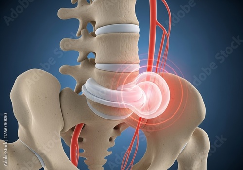 3D animation of sciatic nerve pain caused by a herniated disc, highlighting nerve compression and discomfort – medical illustration and spinal health concept