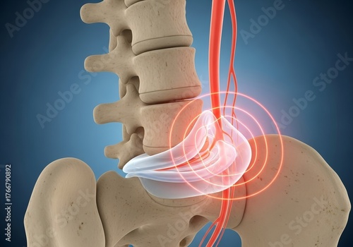 3D animation of sciatic nerve pain caused by a herniated disc, highlighting nerve compression and discomfort – medical illustration and spinal health concept
