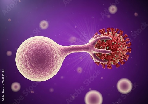 A 3D medical illustration showing an immune cell attacking a coronavirus particle against a purple background