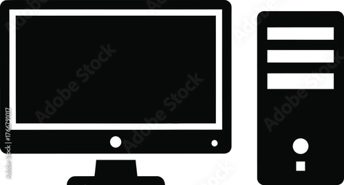 Black and white icon of a desktop computer and tower