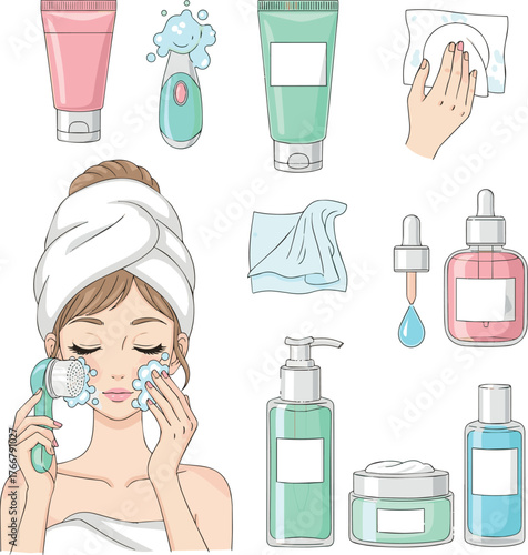 Isolated a Skincare set. Collection of girl removing make up by washing her face with facial brush, using cleansing wipe and other cosmetic products. Beauty and hygiene concept vector art.