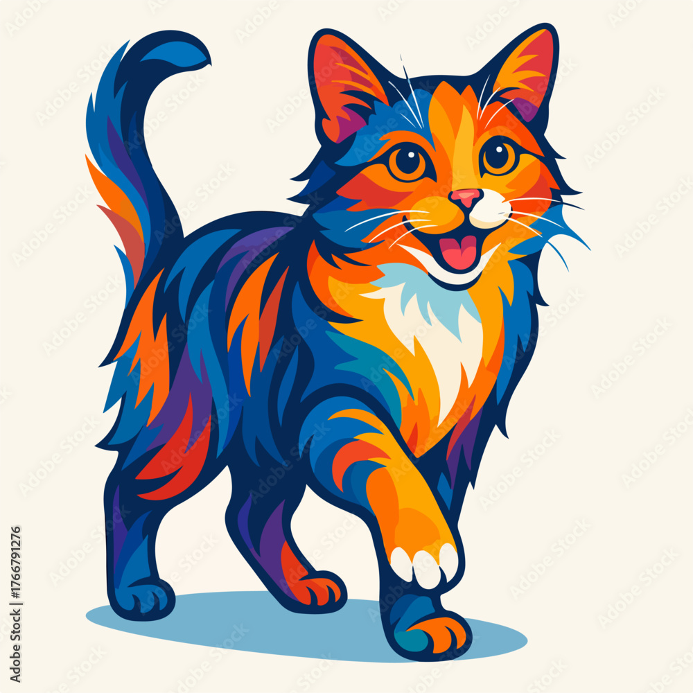 Fototapeta premium Playful Walking Cat With Lively Stride Bright Orange And Blue Style