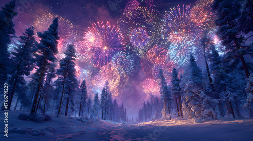 Fototapeta Naklejka Na Ścianę i Meble -  Magical winter forest illuminated by colorful fireworks display